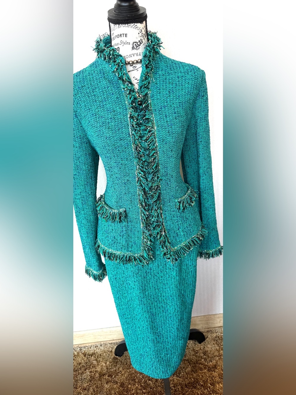 St. John Teal Tweed Skirt Suit with Fringe Trim
